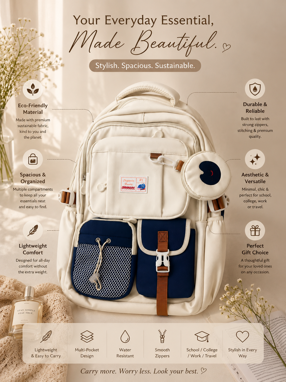 Multi-Pocket Travel & School Backpack with Detachable Pouch