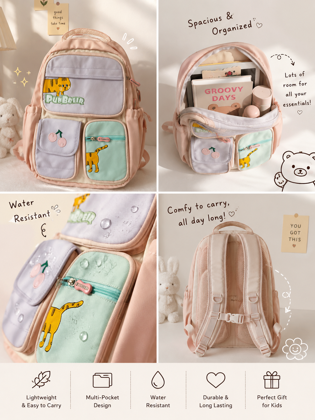 Cute Cat Multi-Pocket Kids School Backpack — alternate