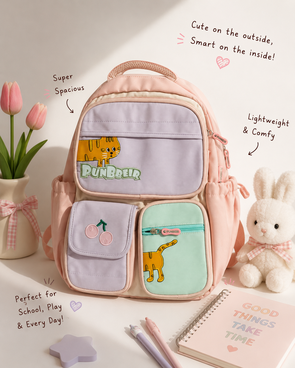 Cute Cat Multi-Pocket Kids School Backpack