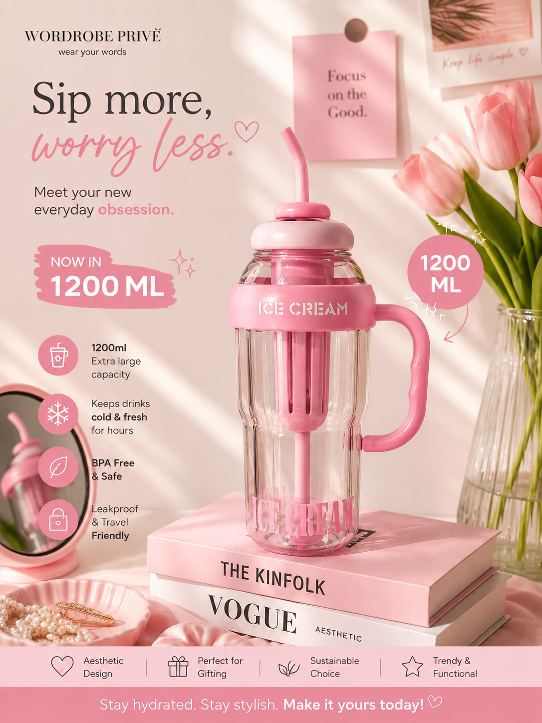 Ice Cream Tumbler with Straw & Handle - 1200ML