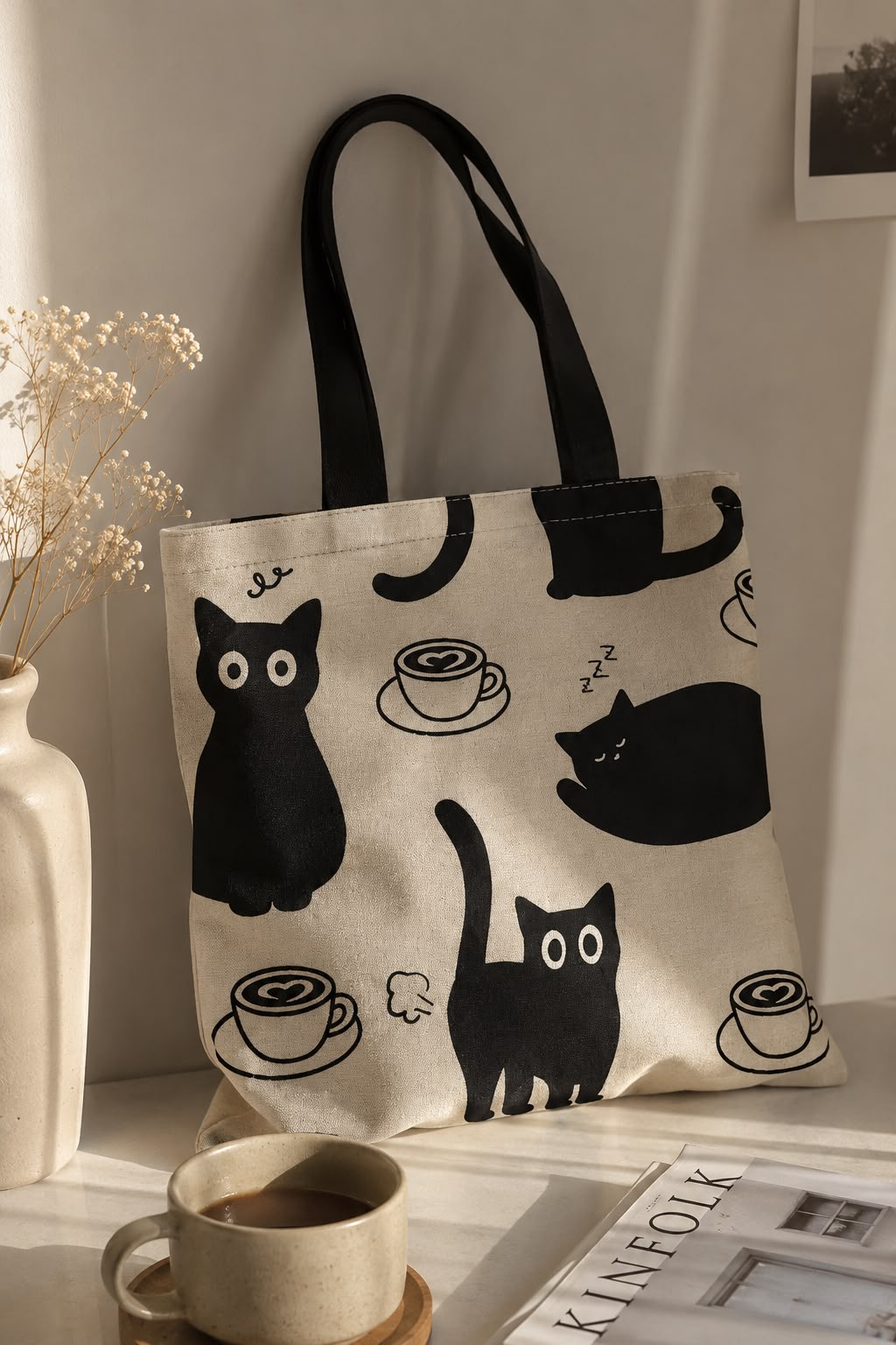 Cat Pattern Double-Sided Printed Linen Shoulder Tote Bag — alternate