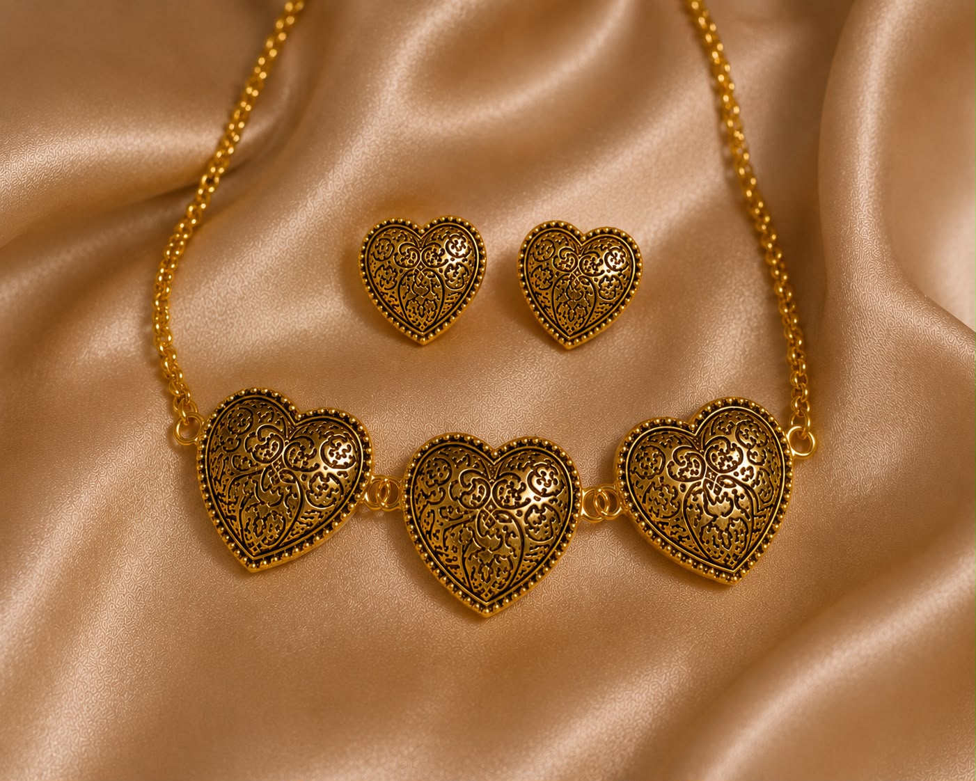 Vintage Heart Charm Choker Necklace + Earrings